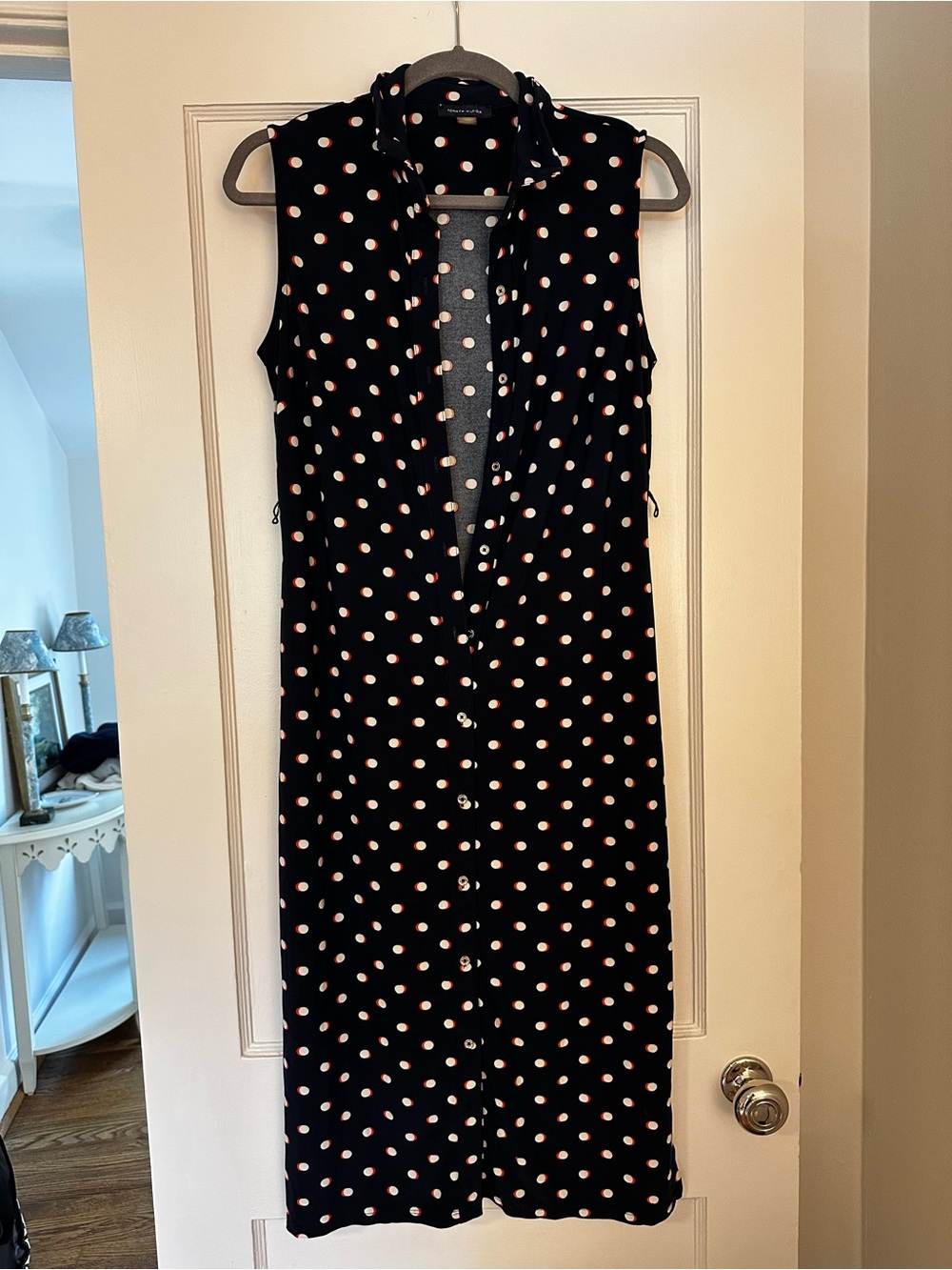 Tommy Hilfiger Black Sleeveless Midi Dress with White Polka Dots